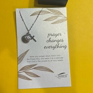 Inspirational prayer with cross and medal. Silver plated. On tiny charm holder.
